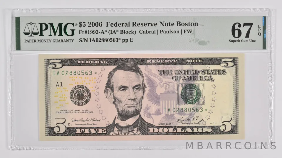 $5 Star * Error Replacement 2006 FRN FR-1993-A * PMG 67 Boston EPQ