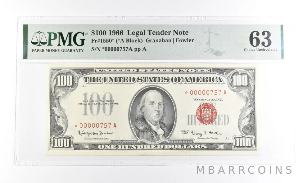 PMG 63 Choice Unc 1966 $100 Legal Tender Note Red Seal Fr#1550* Star Error *1041