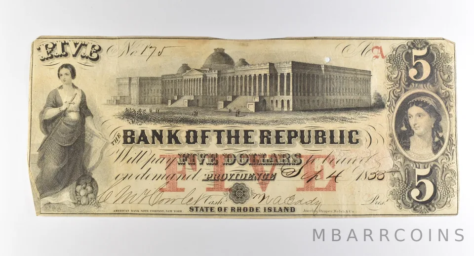 1855 $5 Providence RI Bank Of The Republic Obsolete Note *3778