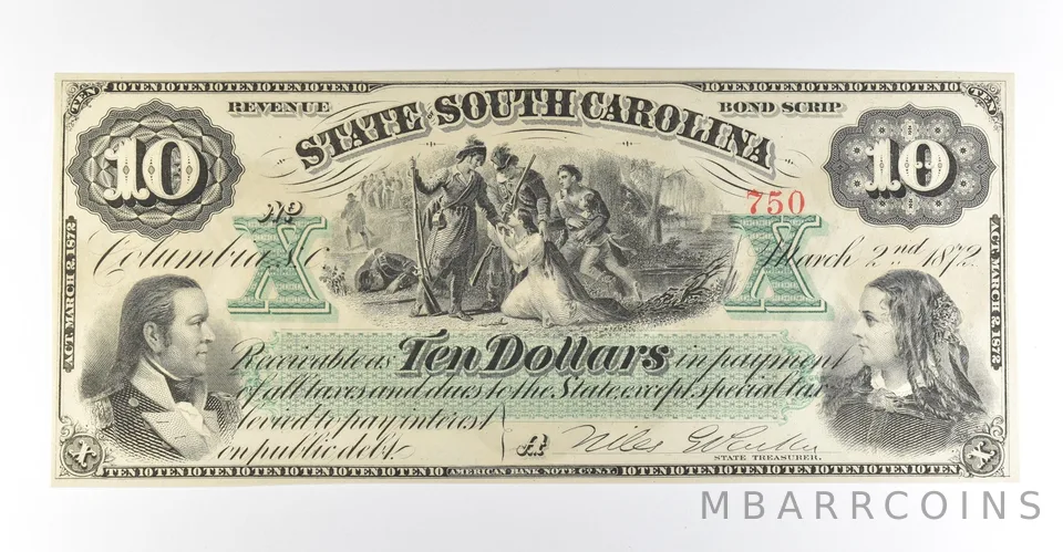 1872 $10 South Carolina Obsolete Note *8394