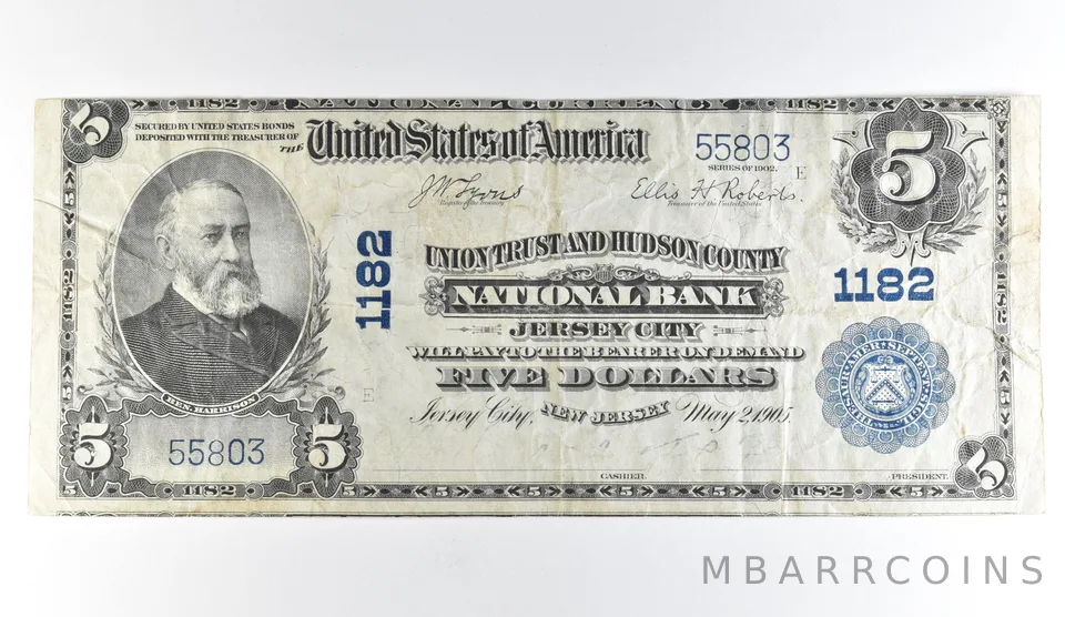 1902 $5 Jersey City NJ National Currency Large Note Blue Seal 1182 *1683