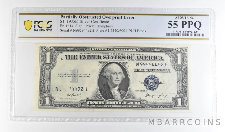 1935 E $1 55 Silver Certificate Obstruct Overprint Error Fr#1614 PPQ PCGS *0760