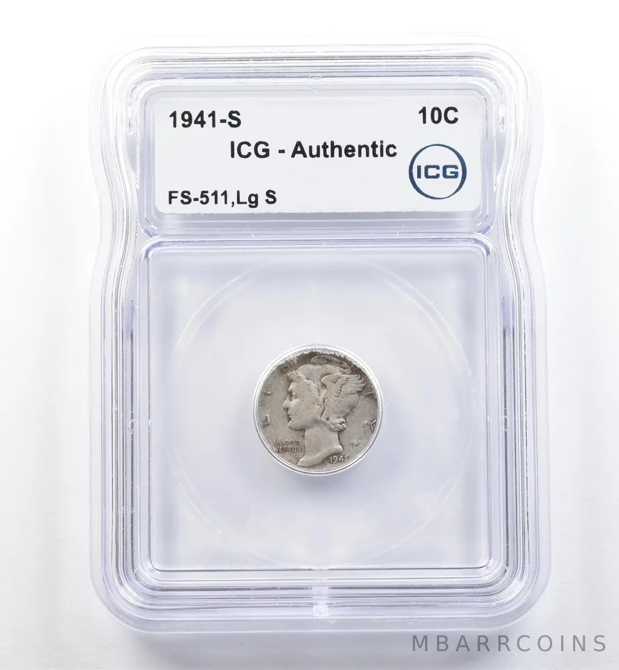 1941-S Mercury Dime FS-511 Lg S Authentic ICG *5985
