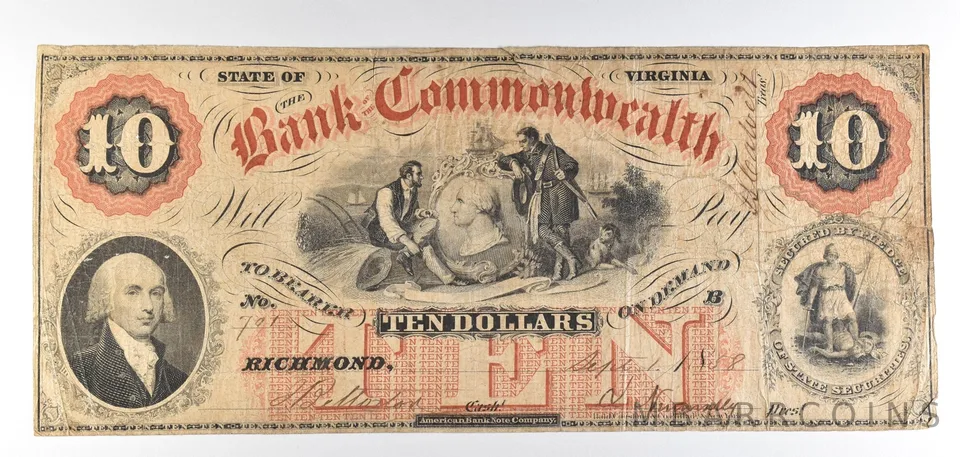 1858 $10 Richmond VA Bank Of The Commonwealth Obsolete Note *8873
