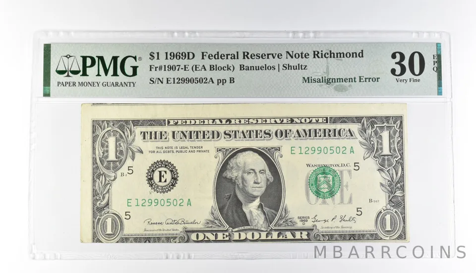 PMG 30 VF EPQ $1 1969D FRN Richmond Fr#1907-E Misalignment Error *3194