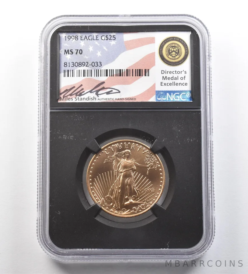 1998 $25 American Gold Eagle 1/2 Oz MS70 NGC Miles Standish *2573