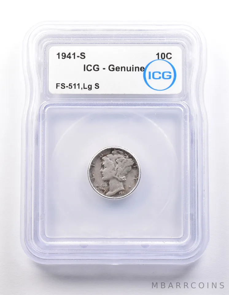 1941-S Mercury Dime FS-511 Large S Genuine ICG *9870