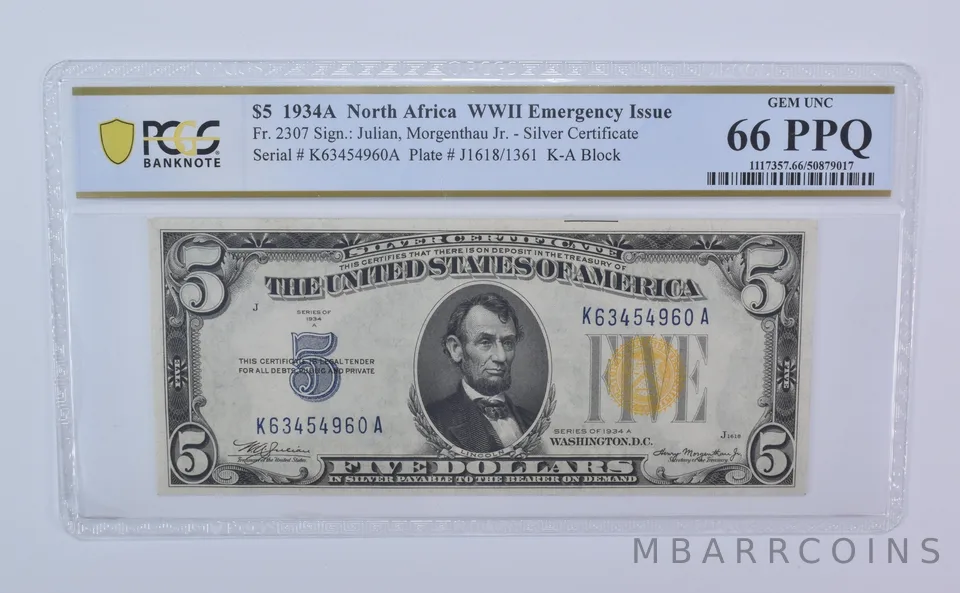 1934 A $5 North Africa WWII Emergency Fr#2307 Unc 66 PPQ PCGS *8103