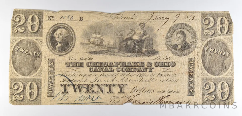 1841 $20 Frederick MD Chesapeake & Ohio Canal Company Obsolete Note *8512