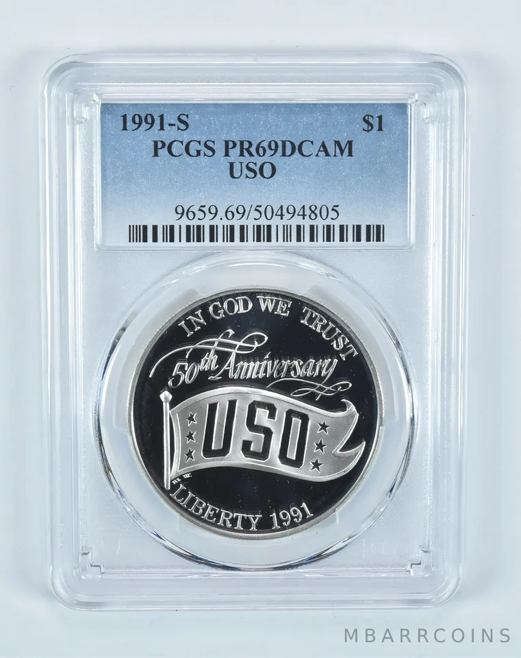 1991-S USO Anniversary Commemorative Dollar PR69 DCAM PCGS Blue Label