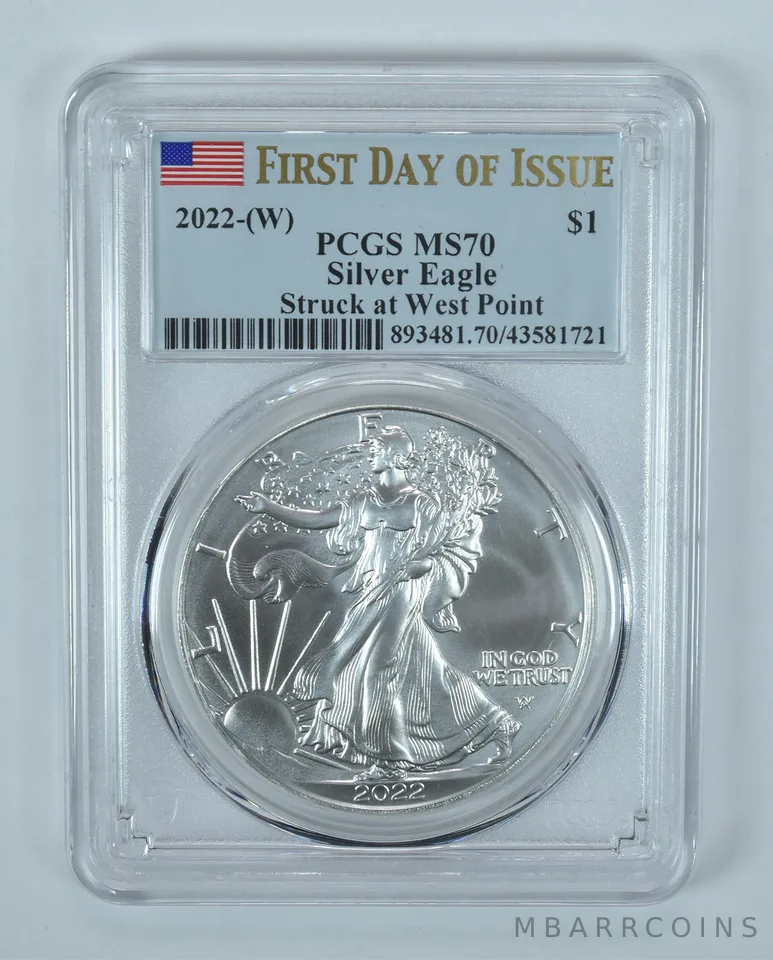 2022-(W) American Silver Eagle West Point FDOI MS70 PCGS Flag Label
