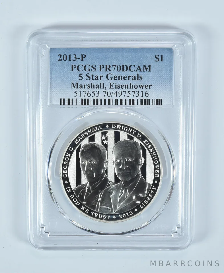 2013-P 5 Star Generals Commemorative Dollar PR70 DCAM PCGS Blue Label