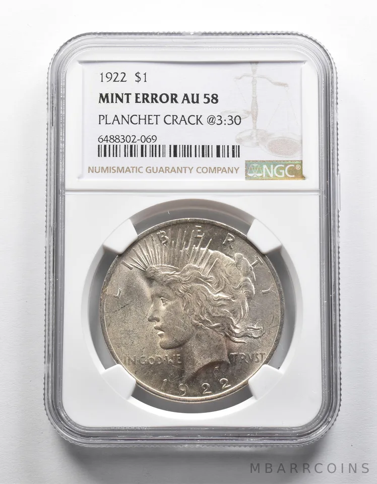 Mint Error AU58 1922 Peace Silver Dollar Planchet Crack @3:30 NGC *1976