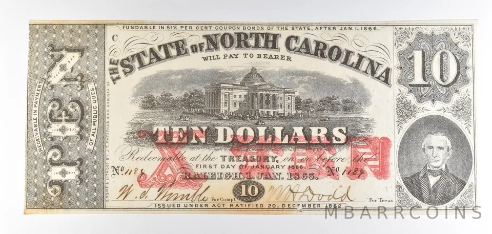 1863 $10 State Of North Carolina Obsolete Note *8746