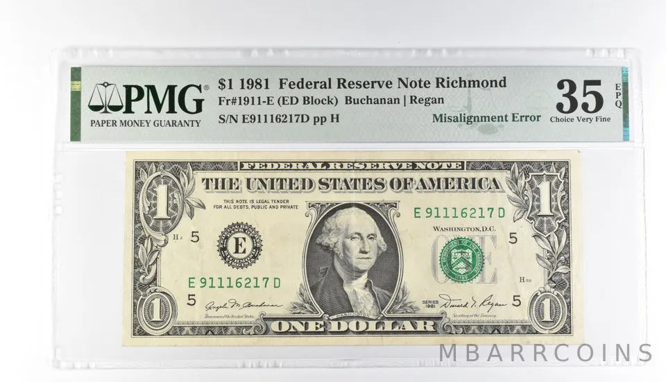 PMG 35 Choice VF EPQ $1 1981 FRN Richmond Fr#1911-E Misalignment Error a3203