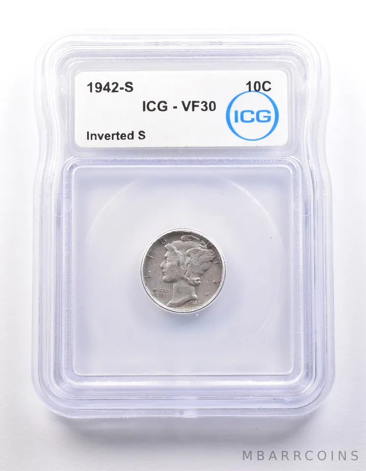 1942-S Mercury Dime Inverted S VF30 ICG a9872