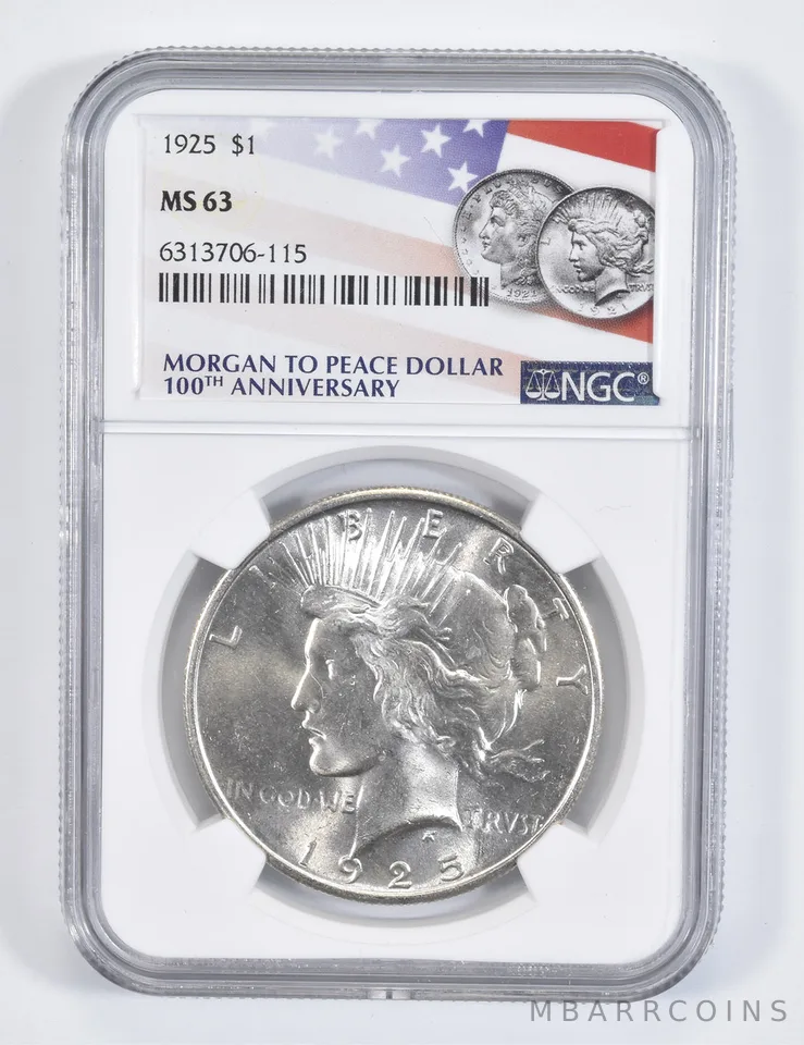 1925 Peace Silver Dollar MS63 NGC 100th Anniv 2021 Flag Label
