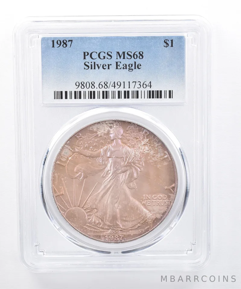 1987 American Silver Eagle MS68 PCGS Purple Tone *8424
