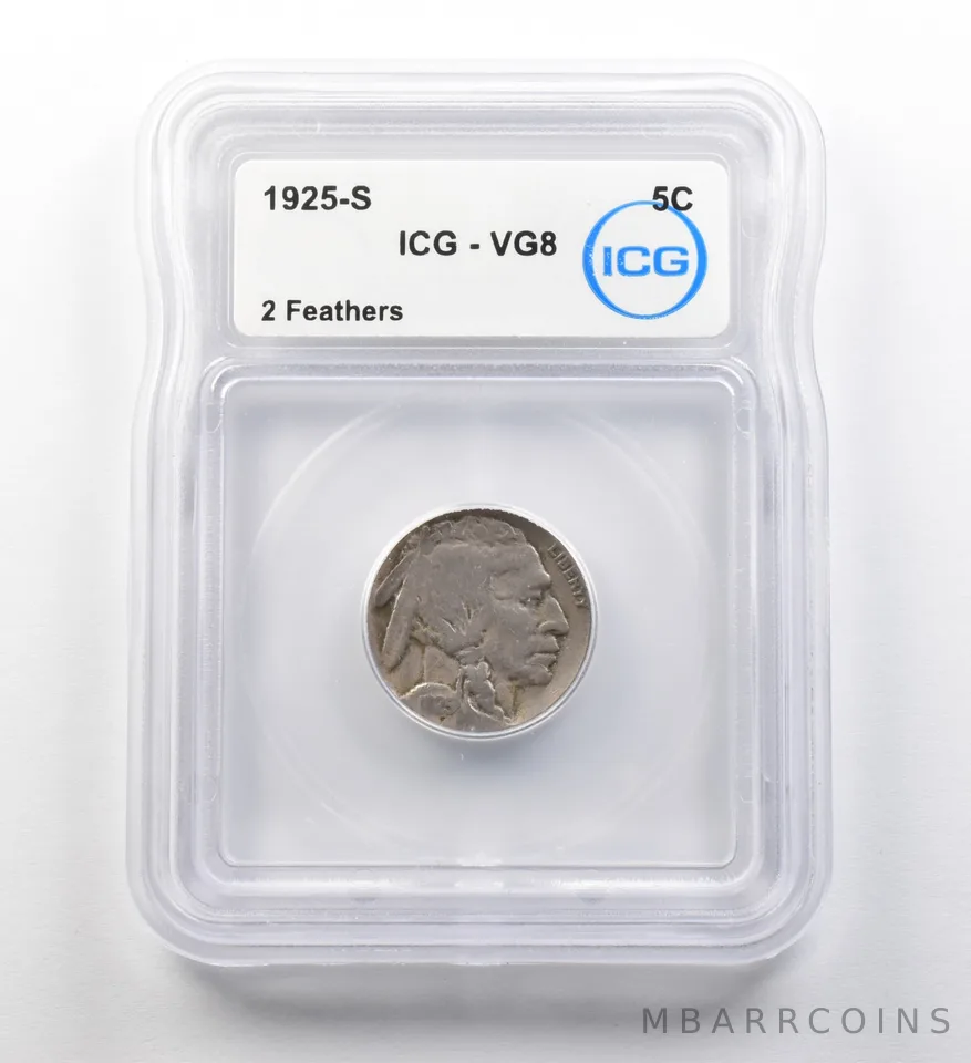1925-S Indian Head Buffalo Nickel 2 Feathers VG8 ICG ERROR *8196