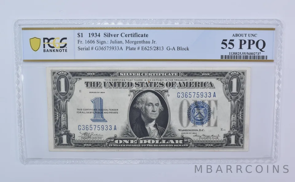 1934 $1 Silver Certificate Fr#1606 Blue Seal About Unc 55 PPQ PCGS *8096
