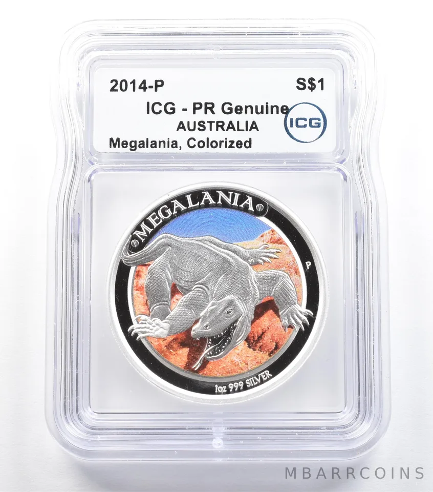 2014 P Australia 1 Dollar Silver 1 Oz Megalania Colorized PR Genuine ICG *5549