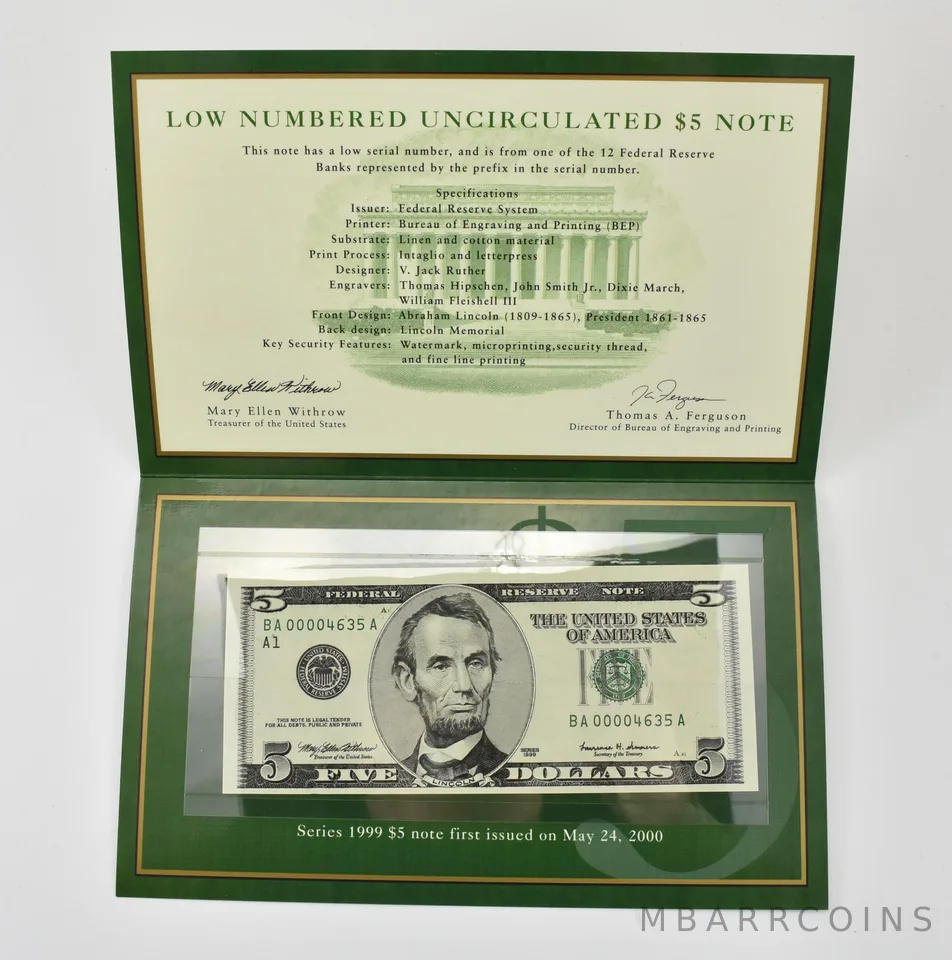 1999 $5 FRN A Bank Low Serial Number BEP *0393