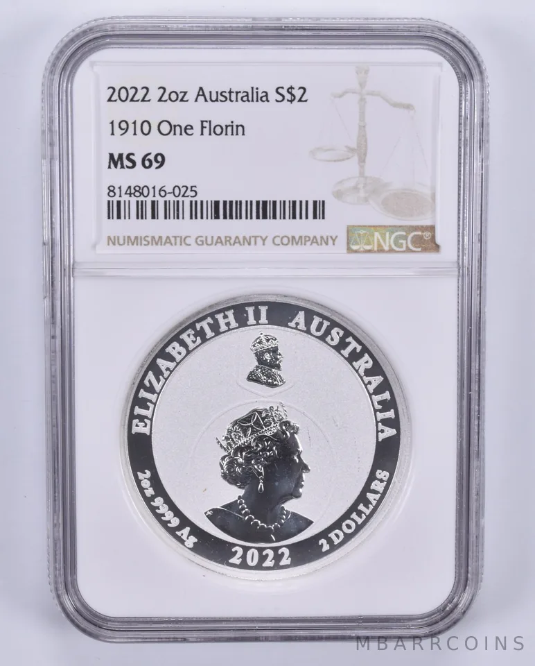 2022 Australia 2 Dollars 2 Oz Silver 1910 1 Florin MS69 NGC Brown Label