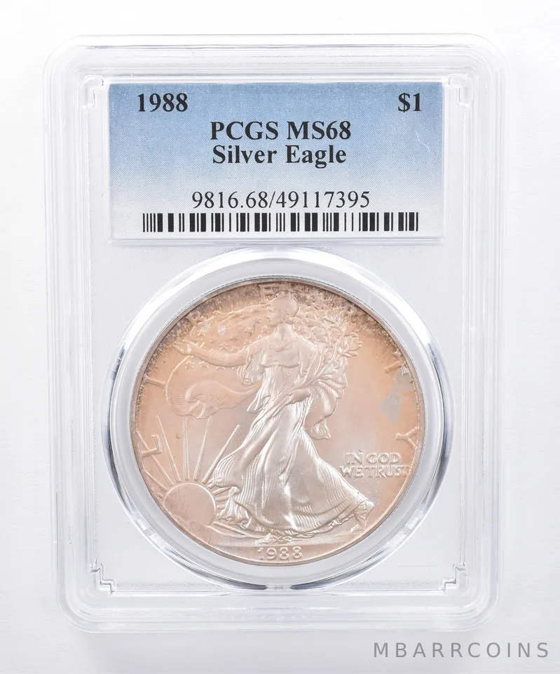 1988 American Silver Eagle MS68 PCGS Iridescent Tone *8487