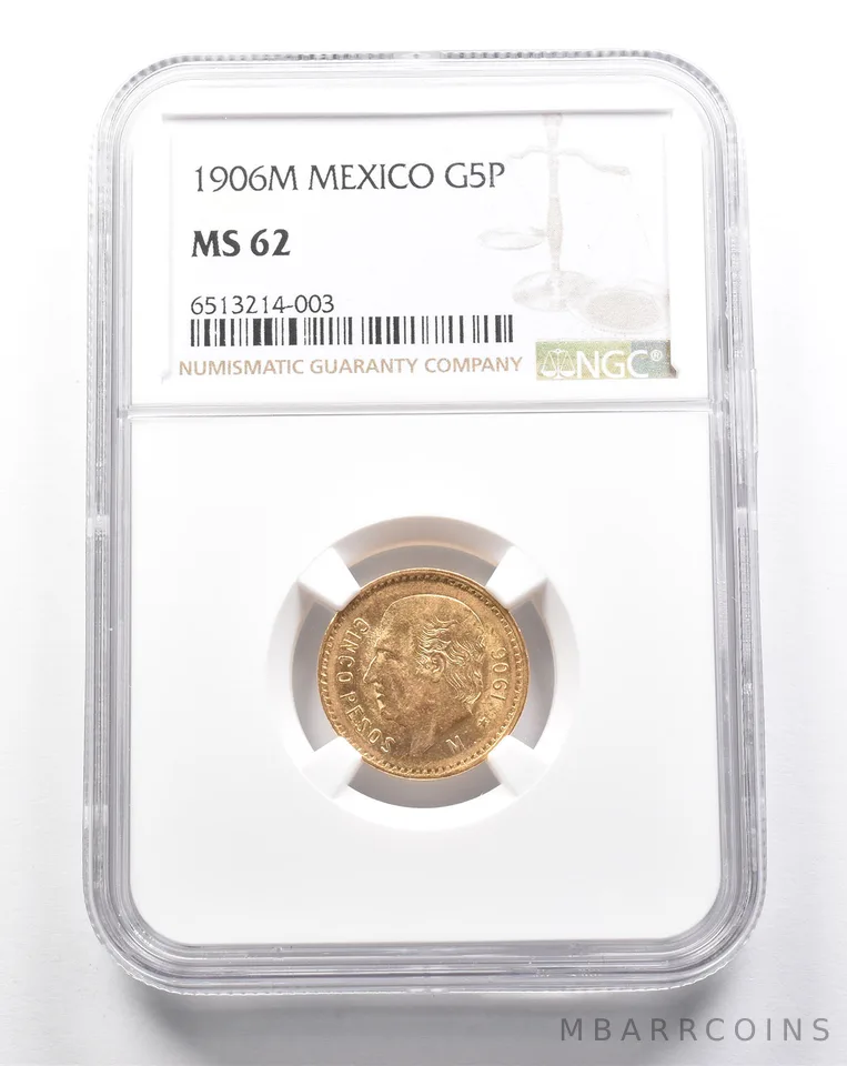 MS62 1906 M Mexico 5 Peso Gold NGC *2829