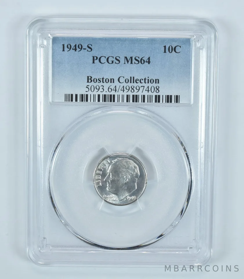 1949-S Roosevelt Dime Boston Collection MS64 PCGS Blue Label