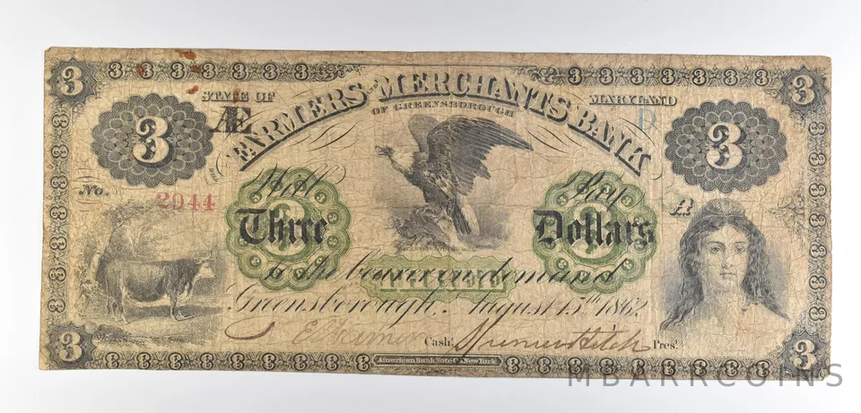 1862 $3 Greensborough MD Farmers Merchants Bank Obsolete Note *8546