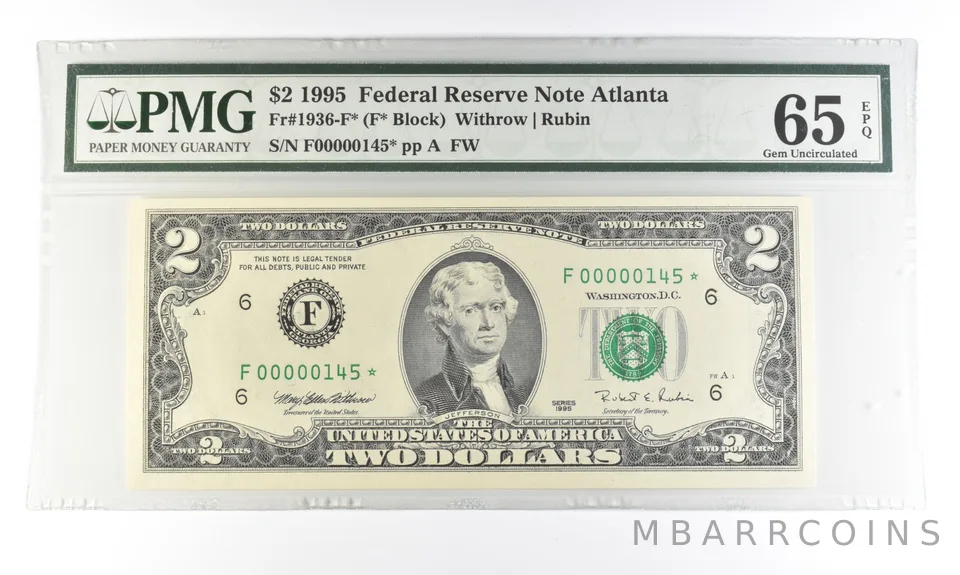 1995 $2 Atlanta GA FRN Fr#1936-F* Star Error Gem Unc 65 EPQ PMG Low Serial a5471