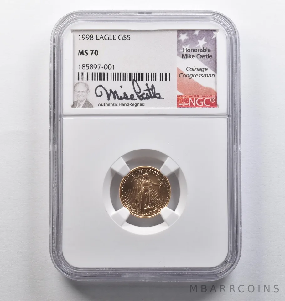 1998 $5 American Gold Eagle Mike Castle 1/10 Oz Gold MS70 NGC *6974