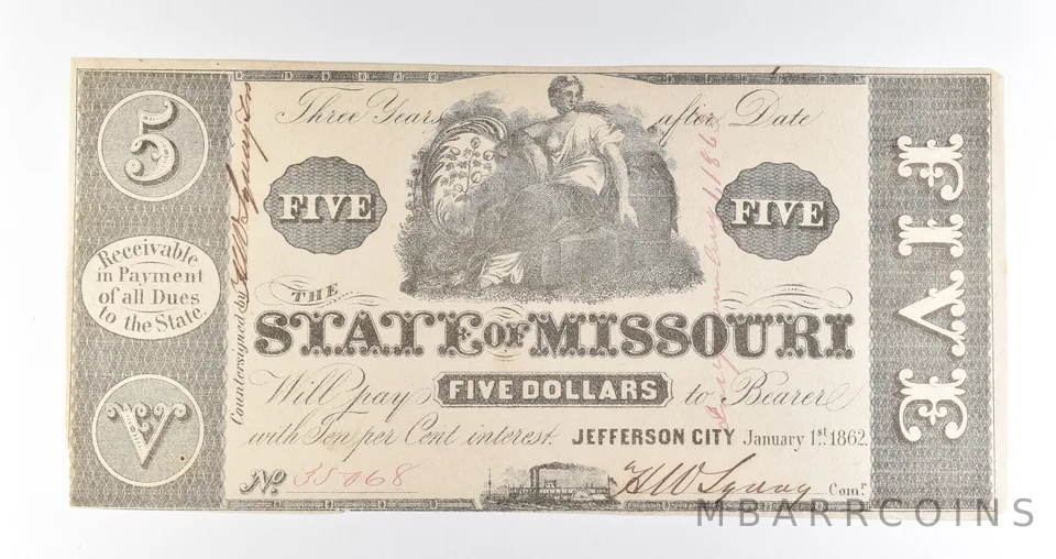 1862 $5 Jefferson City MO Obsolete Note *8409
