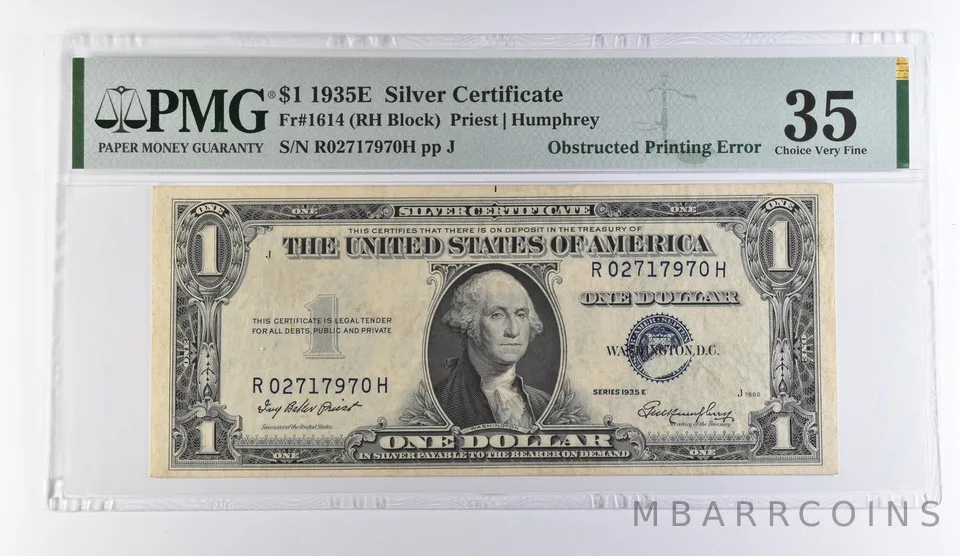 1935 E $1 Silver Certificate Obstructed Printing Error Fr#1614 VF 35 PMG *9421