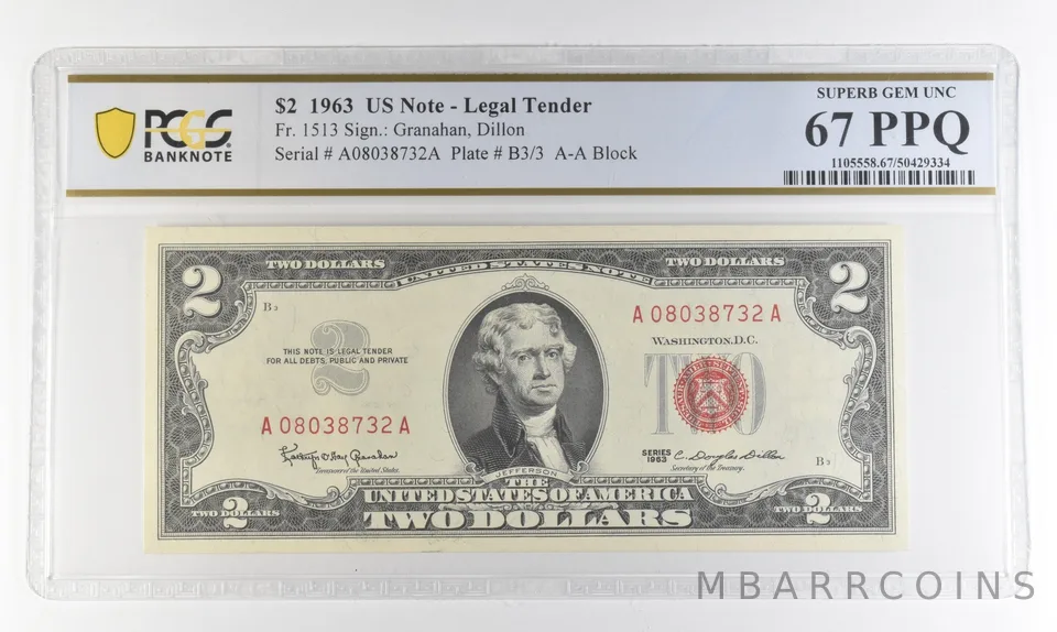 1963 $2 Legal Tender Red Seal Fr#1513 Superb Gem Unc 67 PPQ PCGS *4381