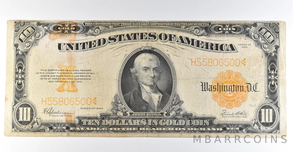 1922 $10 Gold Certificate Large Note Yellow Seal *8353