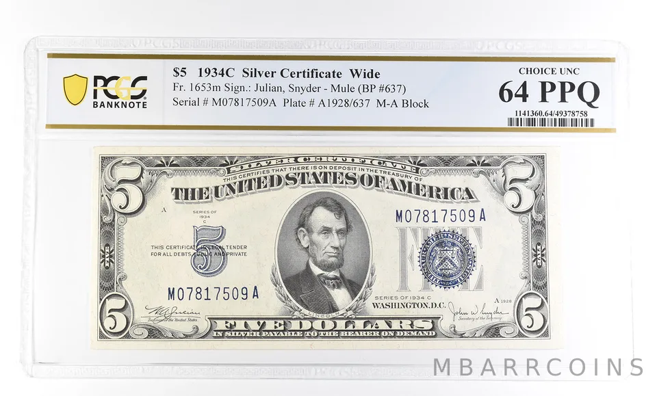 1934 C $5 Silver Certificate Wide Fr#1653m Choice Unc 64 PPQ PCGS a2787