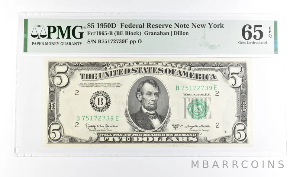 PMG 65 Gem Unc EPQ 1950 D $5 New York, NY US FRN Green Seal Fr#1965-B *1015