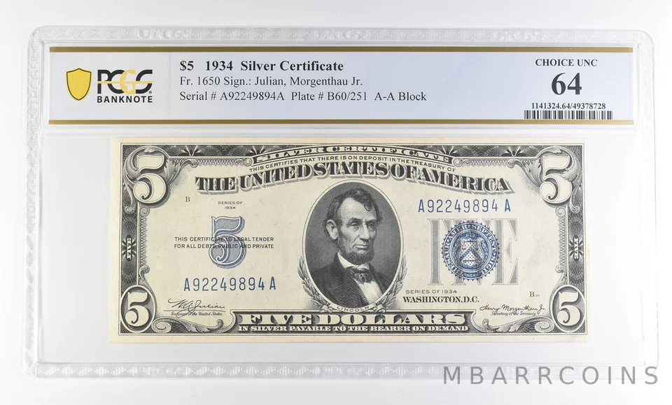 1934 $5 Silver Certificate Fr#1650 Choice Unc 64 PCGS *2815