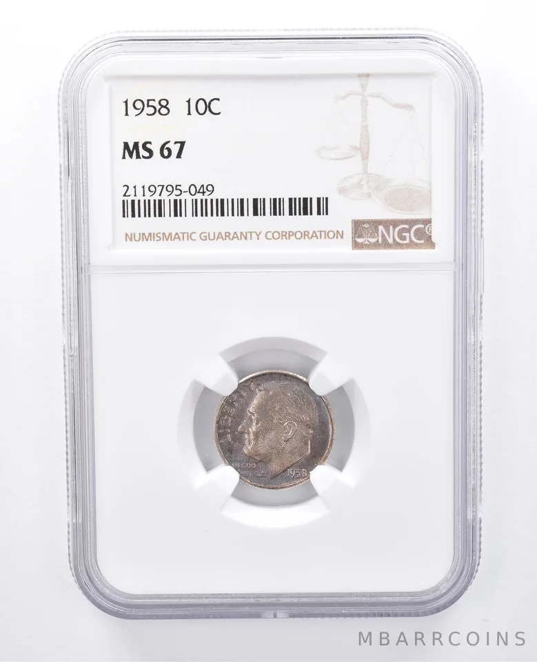 1958 Roosevelt Dime MS67 NGC Blue/Purple Tone a7984