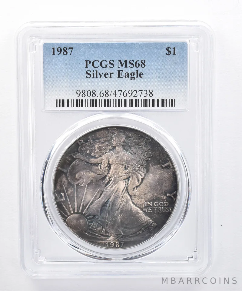 1987 American Silver Eagle MS68 PCGS Dark Blue Tone *8508