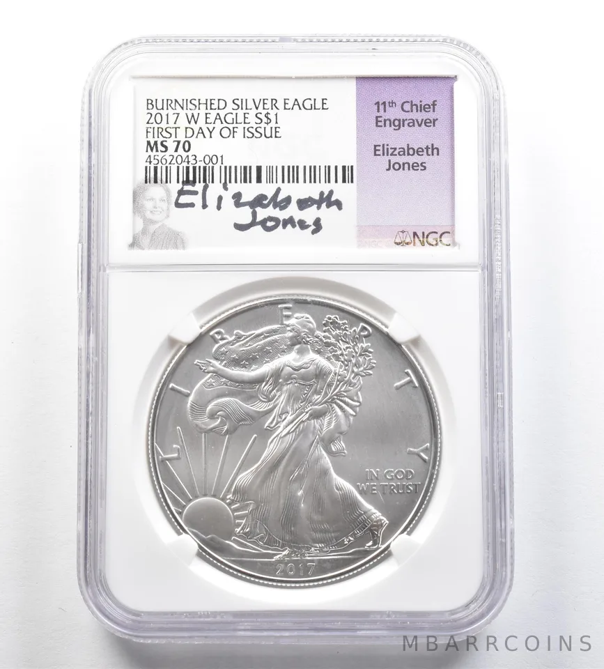 2017-W Burnished Silver Eagle Elizabeth Jones FDOI MS70 NGC *7254