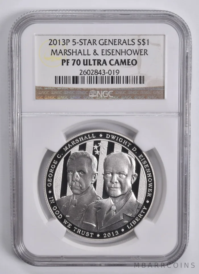 2013-P 5 Star Generals Commemorative Silver Dollar PF70 UCAM NGC Brown Lbl