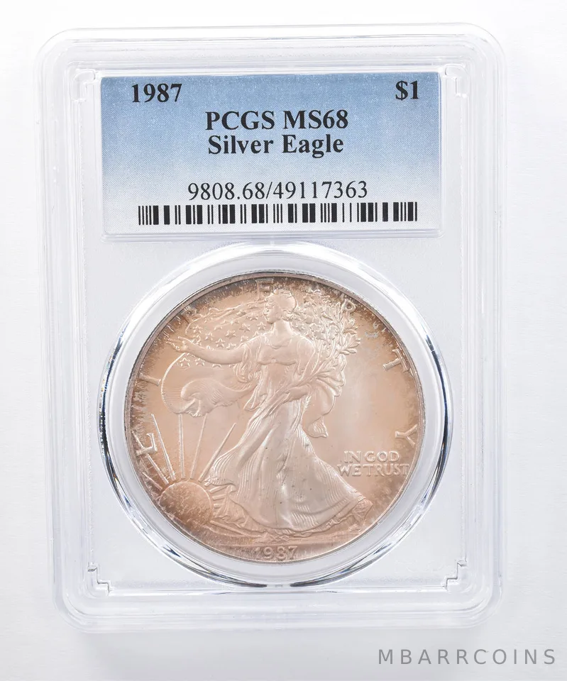 1987 American Silver Eagle MS68 PCGS Iridescent Tone *8423