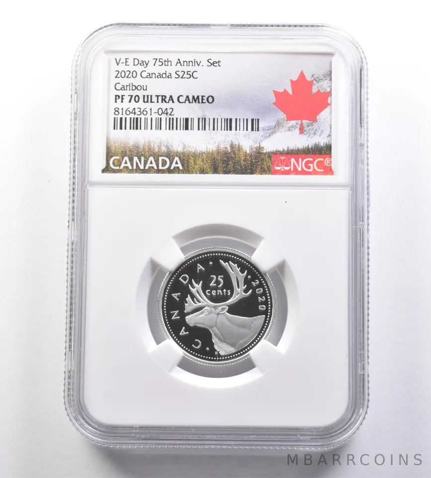 2020 Canada 25 Cents Silver V-E Day 75th Anniversary Set Caribou PF70 NGC *7099
