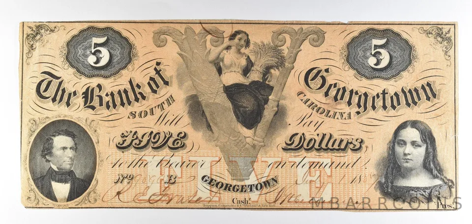 1857 $5 Bank Of Georgetown SC Obsolete Note *8782
