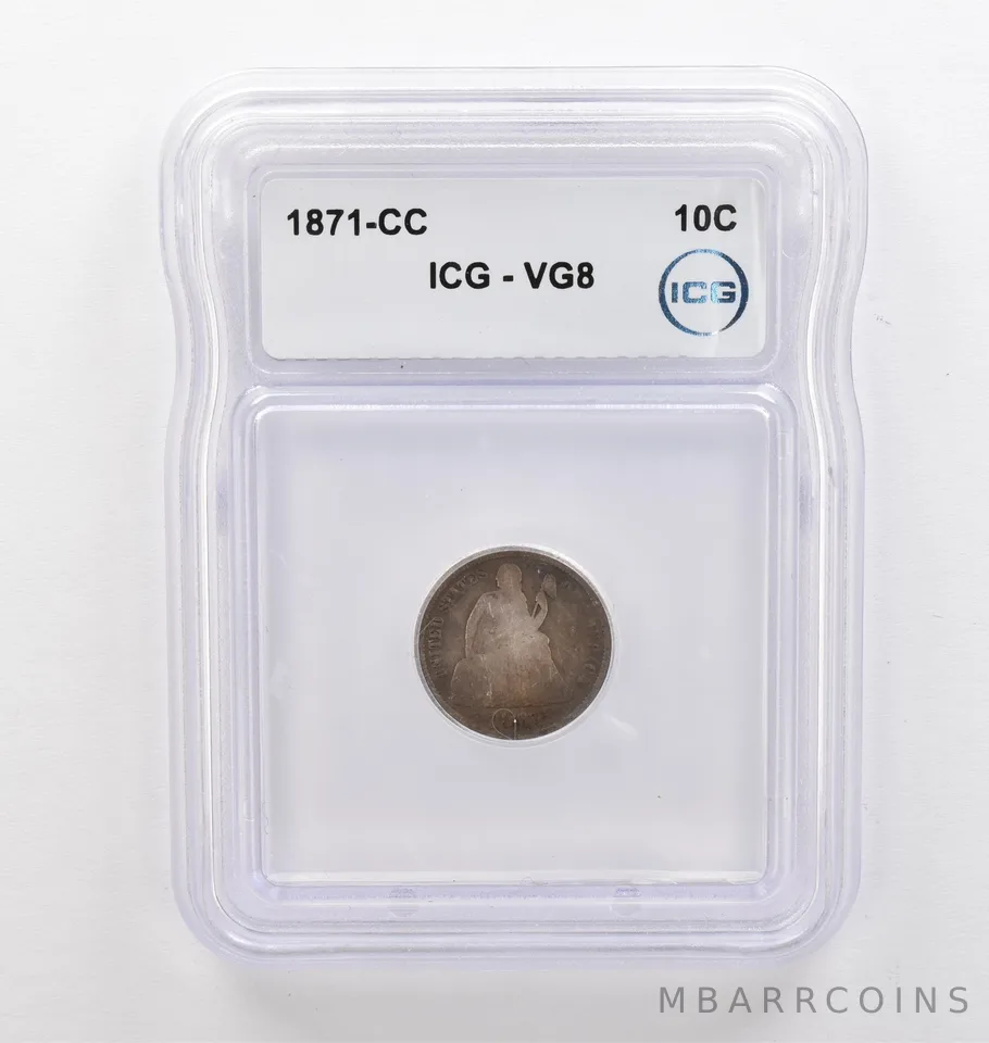 1871-CC Seated Liberty Dime VG8 ICG Beautiful Tone *9773