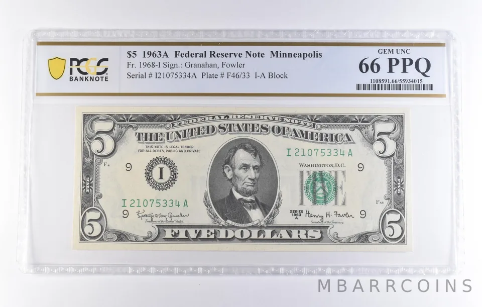 1963 A $5 Minneapolis MN FRN Fr#1968-I Gem Unc 66 PPQ PCGS *8293