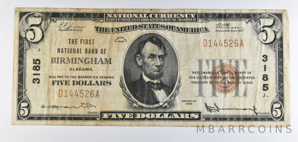 1929 $5 National Currency Note Birmingham AL Ch#3185 a8530